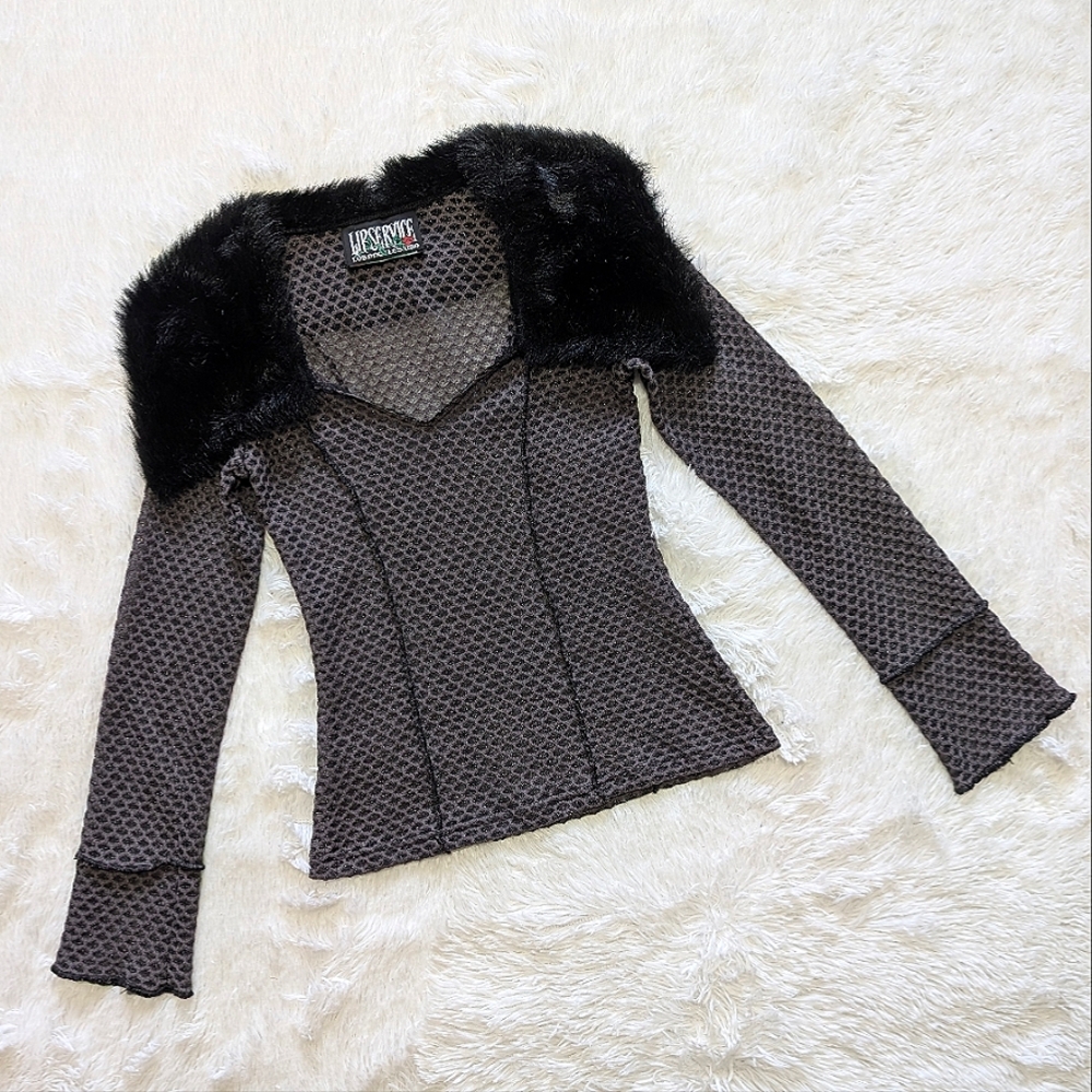 Vintage Lip Service Grey Glittery Fishnet & Faux Fur Top